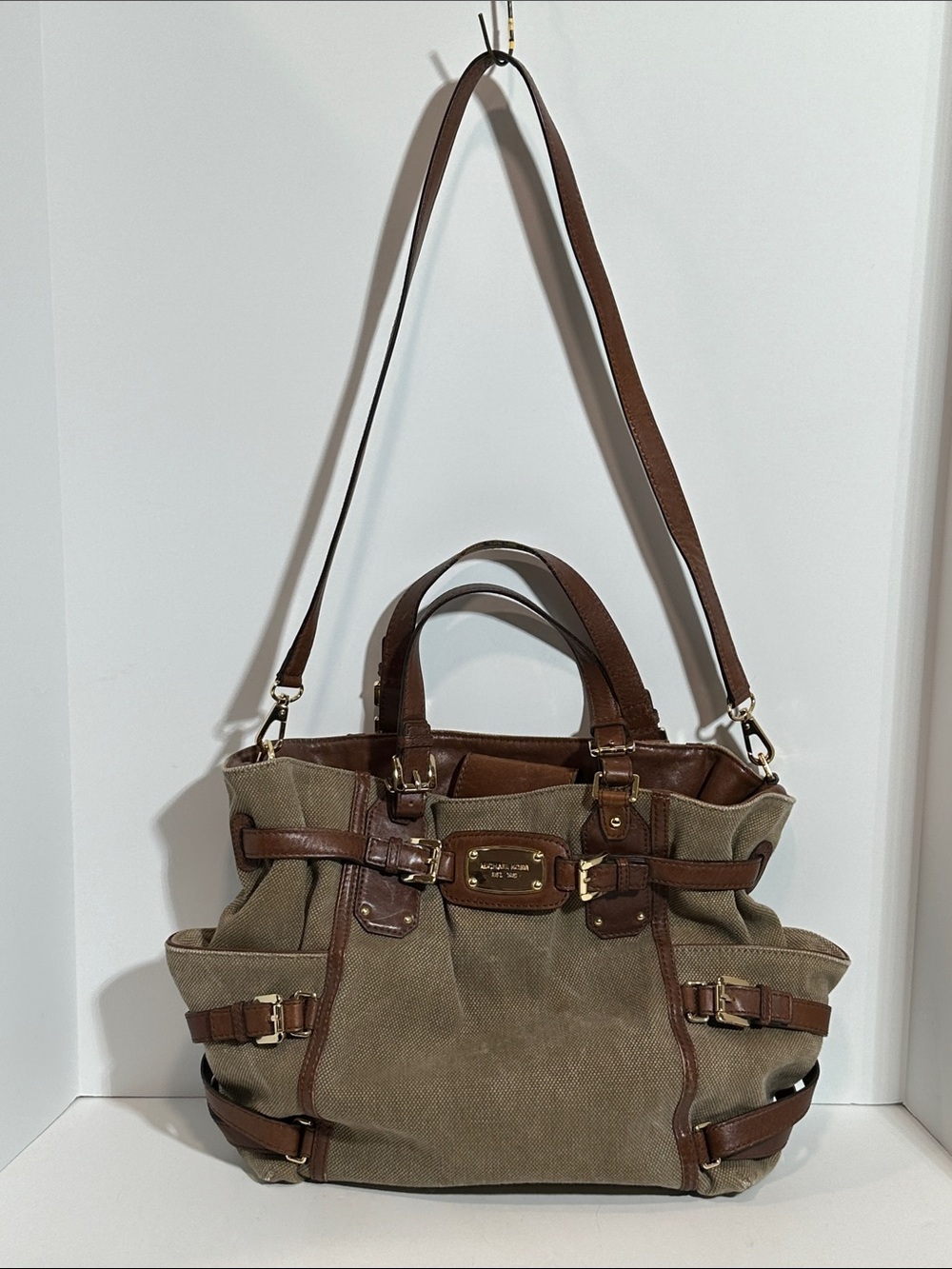 Vintage Michael Kors Brown Canvas Tote Bag with Leather Trim